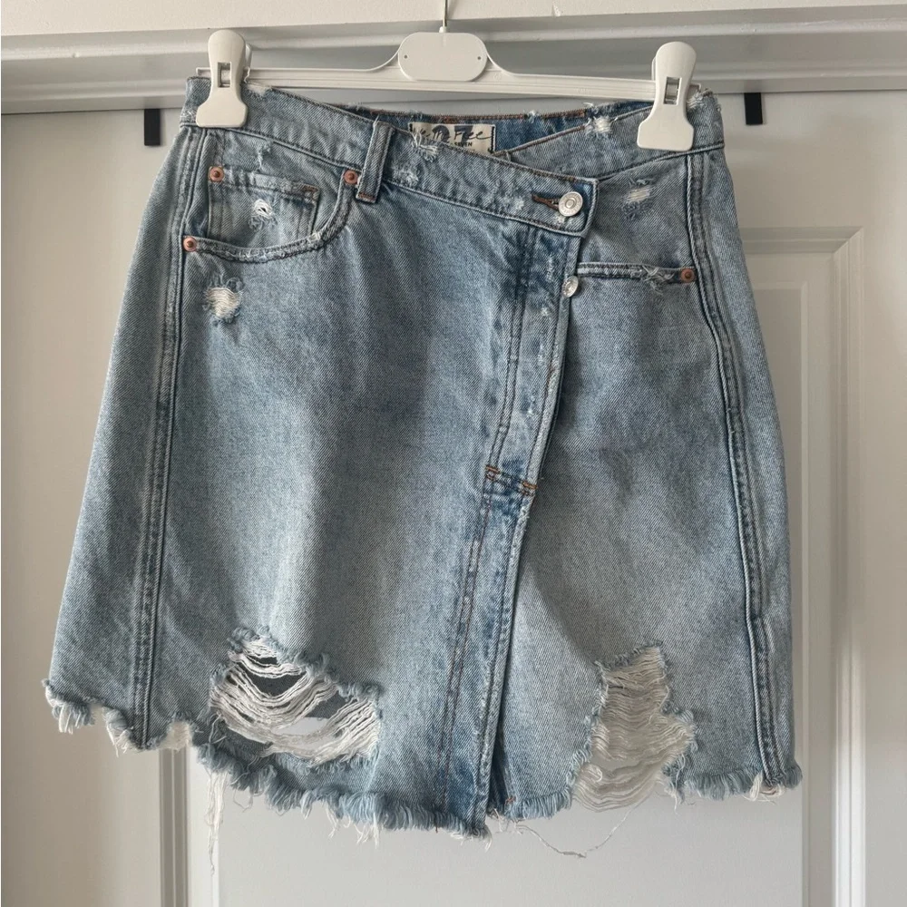 We The Free Light Blue Distressed Mini Skirt